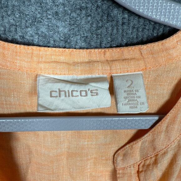 Chico's Size 2 Popover Split Neck Shirt Blouse Orange Linen High Low 3/4 Sleeves - Picture 5 of 8